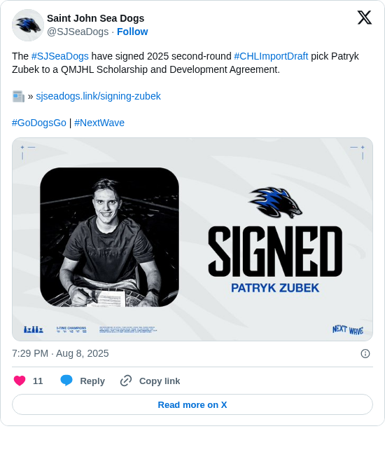 Saint John Sea Dogs: The #SJSeaDogs have signed 2025 second-round #CHLImportDraft pick Patryk Zubek to a QMJHL Scholarship and Development Agreement.

📰 » https://t.co/RAfxQQ2817

#GoDogsGo | #NextWave https://t.co/HpFFB9kCqw