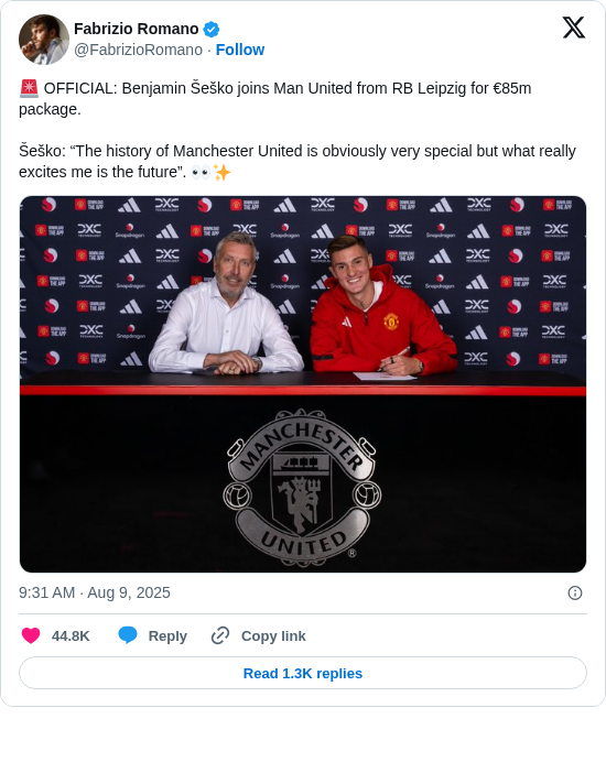Fabrizio Romano: 🚨 OFFICIAL: Benjamin Šeško joins Man United from RB Leipzig for €85m package.

Šeško: “The history of Manchester United is obviously very special but what really excites me is the future”. 👀✨ https://t.co/OwaISOb6qV