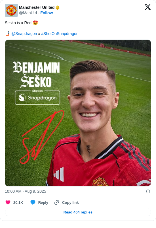 Manchester United: Sesko is a Red 😍

🤳 @Snapdragon x #ShotOnSnapdragon https://t.co/uzcjc8UdVi