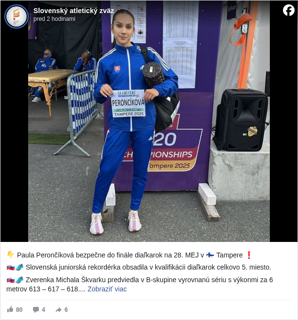Slovenský atletický zväz: ⚡️ Paula Perončíková bezpečne do finále diaľkarok na 28. MEJ v 🇫🇮 Tampere ❗

 🇸🇰👟 Slovenská juniorská rekordérka obsadila v kvalifikácii diaľkarok celkovo 5. miesto.

 🇸🇰👟 Zverenka Michala Škvarku predviedla v B-skupine vyrovnanú sériu s výkonmi za 6 metrov 613 – 617 – 618.

 🇸🇰👟 Najdlhší svoj pokus mala debutantka na vrcholnom podujatí paradoxne v slabom protivetre (-0,1).

 🇸🇰👟 Limit 640 cm dosiahli iba dve zo 17 štartujúcich, Švédka Hallbergová Hossainová (644) a Britka Brownová (642). 

 🇸🇰👟 Výkon za 640 cm je aj v silách Perončíkovej, jej juniorský rekord SR má hodnotu 644 cm – bude to môcť potvrdiť v nedeľňajšom finále (o 17.55 h SELČ).

 📸 SAZ (ap)

