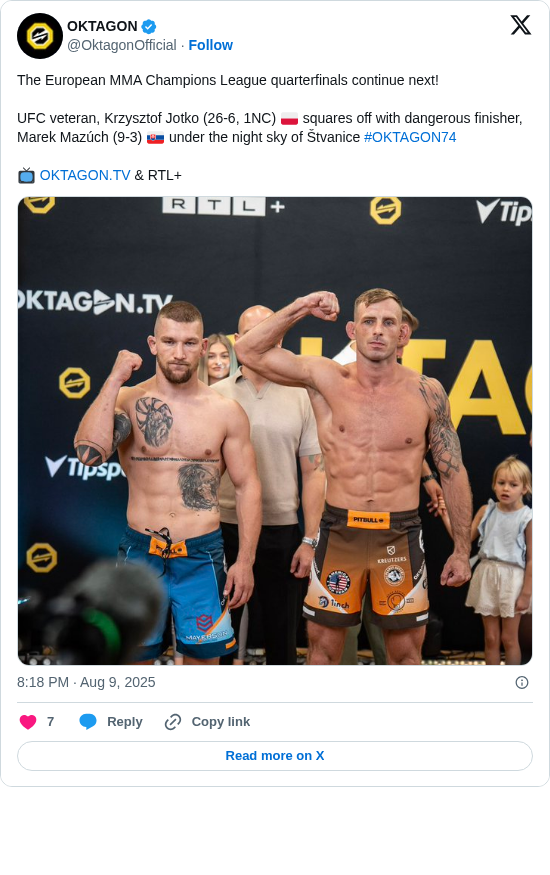 OKTAGON: The European MMA Champions League quarterfinals continue next!

UFC veteran, Krzysztof Jotko (26-6, 1NC) 🇵🇱 squares off with dangerous finisher, Marek Mazúch (9-3) 🇸🇰 under the night sky of Štvanice #OKTAGON74 

📺 https://t.co/TVP7NaEp1x &amp; RTL+ https://t.co/sw0yoYgToz