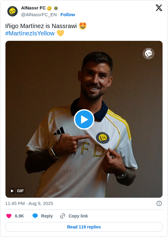 AlNassr FC: Iñigo Martínez is Nassrawi 🤩
#MartínezIsYellow 💛 https://t.co/2BviVr0rwR