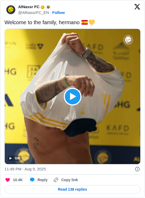 AlNassr FC: Welcome to the family, hermano 🇪🇸💛 https://t.co/E72VvIhekh