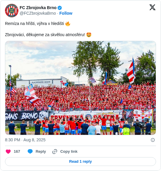 FC Zbrojovka Brno: Remíza na hřišti, výhra v hledišti 🔥

Zbrojováci, děkujeme za skvělou atmosféru! 🤩 https://t.co/6txMgSO14q