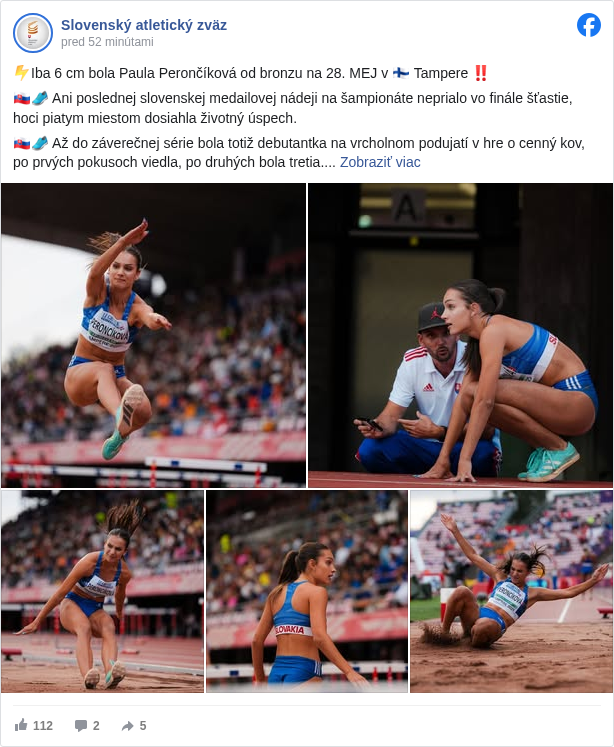 Slovenský atletický zväz: ⚡Iba 6 cm bola Paula Perončíková od bronzu na 28. MEJ v 🇫🇮 Tampere ‼

 🇸🇰👟 Ani poslednej slovenskej medailovej nádeji na šampionáte neprialo vo finále šťastie, hoci piatym miestom dosiahla životný úspech.

 🇸🇰👟 Až do záverečnej série bola totiž debutantka na vrcholnom podujatí v hre o cenný kov, po prvých pokusoch viedla, po druhých bola tretia.

 🇸🇰👟 V užšom finále sa síce zlepšila na 629 aj 631, ale stačilo to iba na piate miesto – 6 cm za bronzovou Ukrajinkou Myrošničenkovou aj štvrtou Hallbergovou Hossainovou zo Švédska. 

 🇸🇰👟 Od šiestej Poľky Szlachtovej delili slovenskú juniorskú rekordérku 3 cm. 

 🇸🇰👟 Perončíkovej tamperská séria: 628 (-0,9) – 621 (+0,1) – 593 (-1,5) – 629 (-2,2) – 631 (-1,3) – 630 (-1,3).

 🇸🇰👟 Zverenka Michala Škvarku dosiahla najlepšie umiestnenie slovenskej diaľkarky v histórii MEJ, prekonala 9. priečku Iriny Beskrovnej z Grosseta 2001. 

 📸 SERGIO MATEO MARÍA

