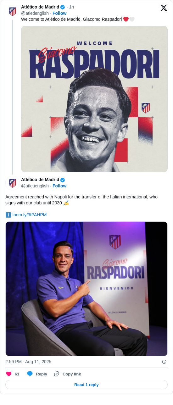 Atlético de Madrid: Agreement reached with Napoli for the transfer of the Italian international, who signs with our club until 2030 ✍️

ℹ️ https://t.co/QRhKlDD2Ul https://t.co/nhpQfUx8q3