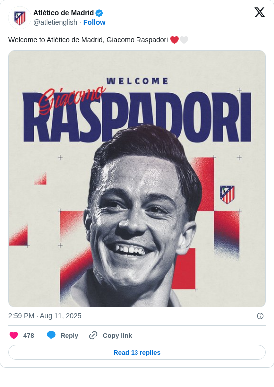 Atlético de Madrid: Welcome to Atlético de Madrid, Giacomo Raspadori ❤️🤍 https://t.co/ckhIyc1z4v