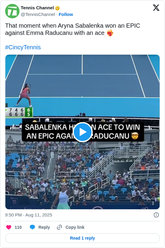 Tennis Channel: That moment when Aryna Sabalenka won an EPIC against Emma Raducanu with an ace ❤️‍🔥 

#CincyTennis https://t.co/YuJh29bWE0