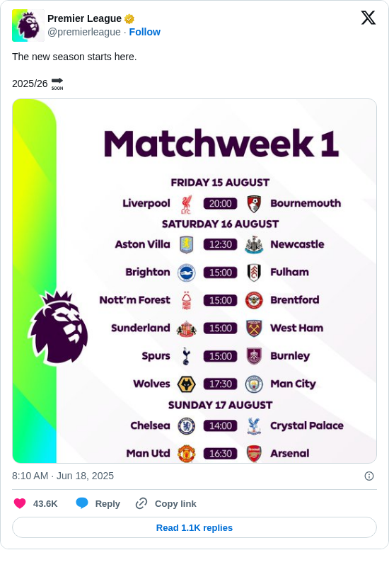 Premier League: The new season starts here.

2025/26 🔜 https://t.co/VmoxPb8dbu