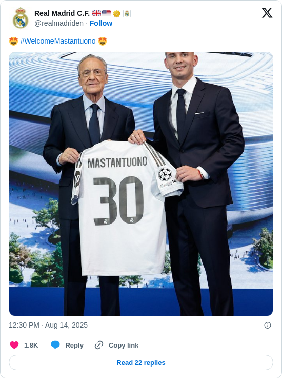 Real Madrid C.F. 🇬🇧🇺🇸: 🤩 #WelcomeMastantuono 🤩 https://t.co/JoR8rpfjbd