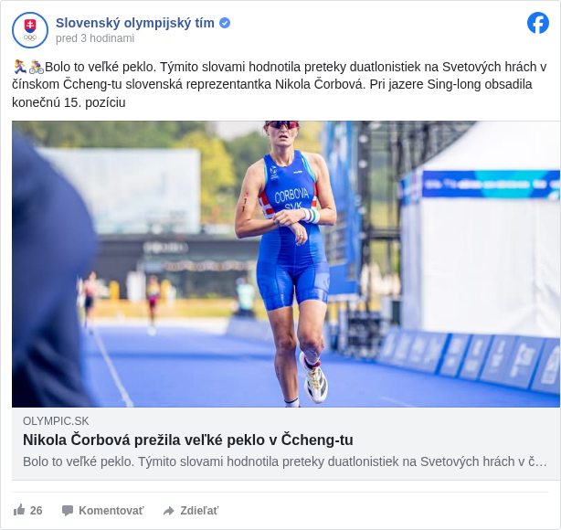 Slovenský olympijský tím: 🏃‍♀🚴‍♀Bolo to veľké peklo. Týmito slovami hodnotila preteky duatlonistiek na Svetových hrách v čínskom Čcheng-tu slovenská reprezentantka Nikola Čorbová. Pri jazere Sing-long obsadila konečnú 15. pozíciu

