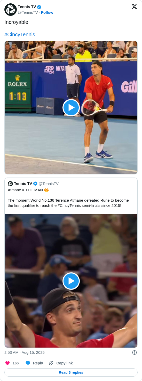 Tennis TV: Incroyable. 

#CincyTennis https://t.co/lcPs16eTSW