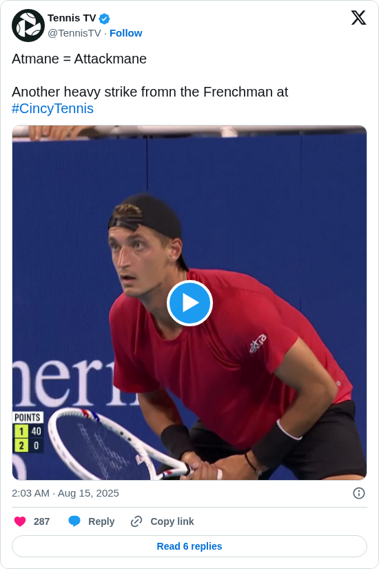Tennis TV: Atmane = Attackmane 

Another heavy strike fromn the Frenchman at #CincyTennis https://t.co/D5VG8y2L0b