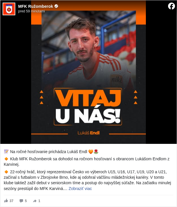 MFK Ružomberok: 📝 Na ročné hosťovanie prichádza Lukáš Endl 🧡🌹

 🔸 Klub MFK Ružomberok sa dohodol na ročnom hosťovaní s obrancom Lukášom Endlom z Karvinej.

 🔸 22-ročný hráč, ktorý reprezentoval Česko vo výberoch U15, U16, U17, U19, U20 a U21, začínal s futbalom v Zbrojovke Brno, kde aj odohral väčšinu mládežníckej kariéry. V tomto klube taktiež zažil debut v seniorskom tíme a postup do najvyššej súťaže. Na začiatku minulej sezóny prestúpil do MFK Karviná.

 🔸 Vitaj u nás Lukáš Endl!

