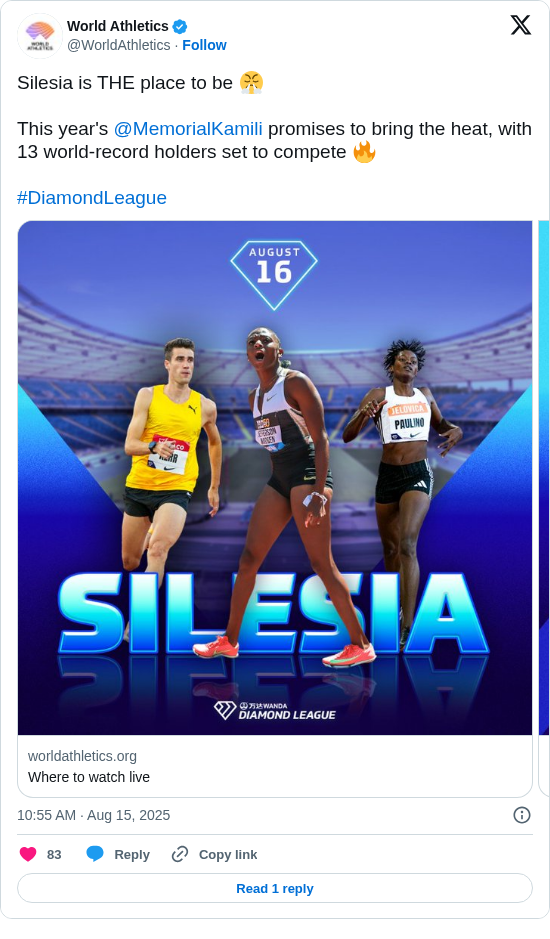 World Athletics: Silesia is THE place to be 😤

This year's @MemorialKamili promises to bring the heat, with 13 world-record holders set to compete 🔥

#DiamondLeague