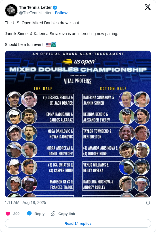The Tennis Letter: The U.S. Open Mixed Doubles draw is out. 

Jannik Sinner &amp; Katerina Siniakova is an interesting new pairing. 

Should be a fun event. 🇺🇸🗽 https://t.co/Gj0odS1EC9