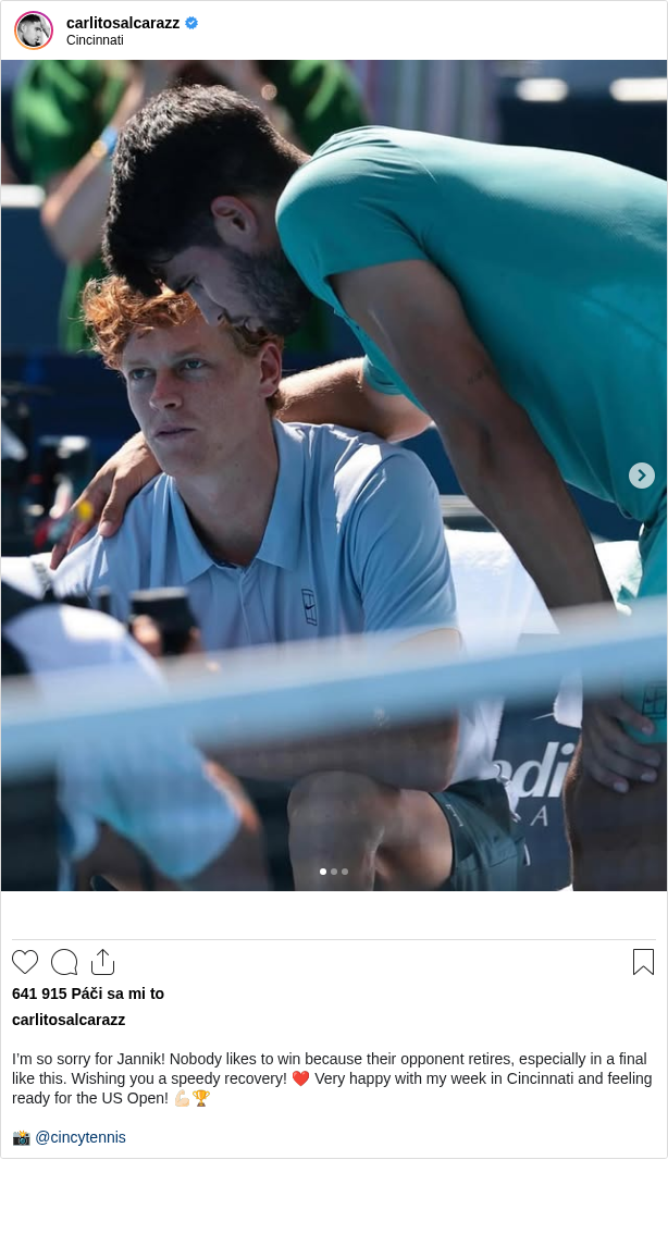 

I’m so sorry for Jannik! Nobody likes to win because their opponent retires, especially in a final like this. Wishing you a speedy recovery! ❤️ Very happy with my week in Cincinnati and feeling ready for the US Open! 💪🏻🏆

📸 @cincytennis