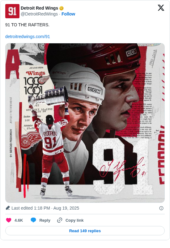 Detroit Red Wings: 91 TO THE RAFTERS.

https://t.co/EzoLOkDqWz https://t.co/NOdxptplNv