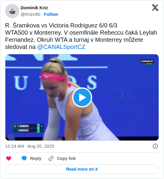 Dominik Kriz: R. Šramkova vs Victoria Rodriguez 6/0 6/3
WTA500 v Monterrey. V osemfinále Rebeccu čaká Leylah Fernandez. Okruh WTA a turnaj v Monterrey můžete sledovat na @CANALSportCZ https://t.co/I5LKyzmaO1