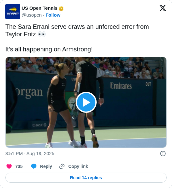 US Open Tennis: The Sara Errani serve draws an unforced error from Taylor Fritz 👀

It's all happening on Armstrong! https://t.co/YNfGkPOuAl