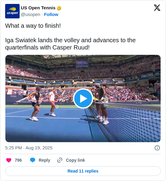 US Open Tennis: What a way to finish!

Iga Swiatek lands the volley and advances to the quarterfinals with Casper Ruud! https://t.co/fNtuhteMRY