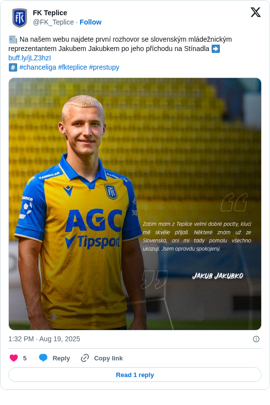 FK Teplice: 📰 Na našem webu najdete první rozhovor se slovenským mládežnickým reprezentantem Jakubem Jakubkem po jeho příchodu na Stínadla ➡️ https://t.co/3cALnFbEaY
#️⃣ #chanceliga #fkteplice #prestupy https://t.co/RkJr0av5KK