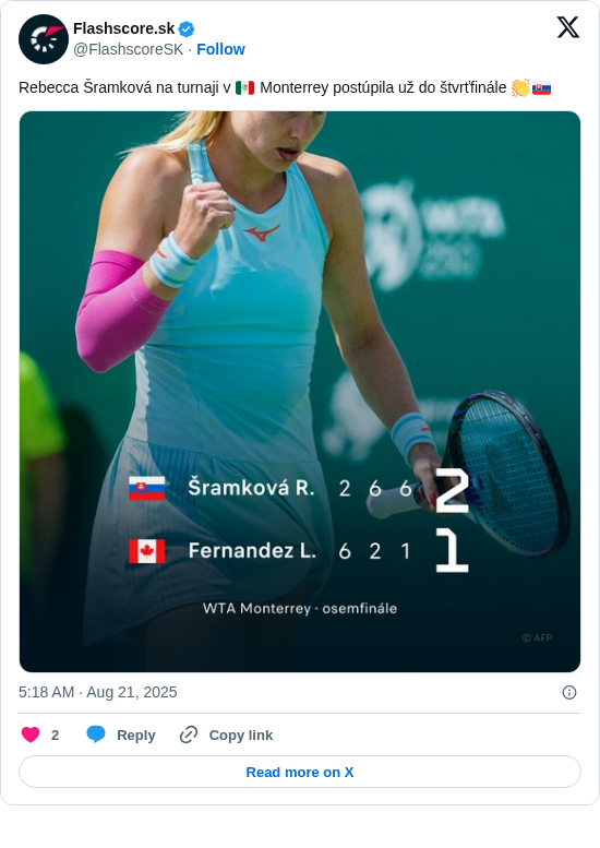 Flashscore.sk: Rebecca Šramková na turnaji v 🇲🇽 Monterrey postúpila už do štvrťfinále 👏🇸🇰 https://t.co/nrlBQvurtt