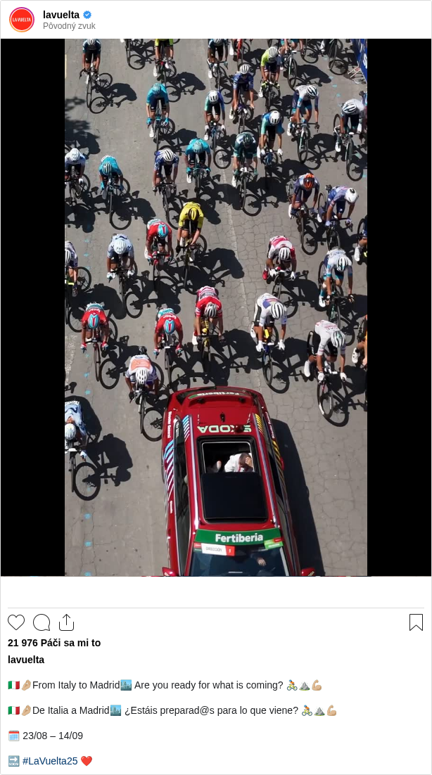 

🇮🇹🤌🏼From Italy to Madrid🏙️ Are you ready for what is coming? 🚴🏻⛰️💪🏼

🇮🇹🤌🏼De Italia a Madrid🏙️ ¿Estáis preparad@s para lo que viene? 🚴🏻⛰️💪🏼

🗓️ 23/08 – 14/09

🔜 #LaVuelta25 ❤️