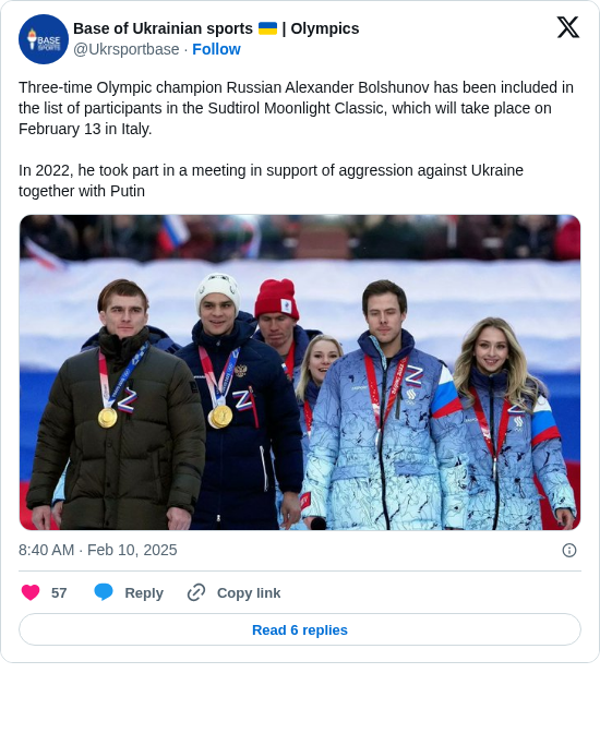 Base of Ukrainian sports 🇺🇦 | Olympics: Three-time Olympic champion Russian Alexander Bolshunov has been included in the list of participants in the Sudtirol Moonlight Classic, which will take place on February 13 in Italy.

In 2022, he took part in a meeting in support of aggression against Ukraine together with Putin https://t.co/1fHyR4ehqL