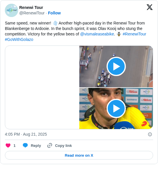 Renewi Tour: Same speed, new winner! 💨 Another high-paced day in the Renewi Tour from Blankenberge to Ardooie. In the bunch sprint, it was Olav Kooij who stung the competition. Victory for the yellow bees of @vismaleaseabike. 🐝 #RenewiTour #GoWithGolazo https://t.co/cDMZVriPND