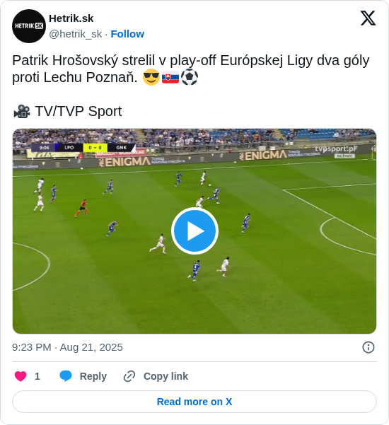 Hetrik.sk: Patrik Hrošovský strelil v play-off Európskej Ligy dva góly proti Lechu Poznaň. 😎🇸🇰⚽

🎥 TV/TVP Sport https://t.co/7NI0Yc4SgN