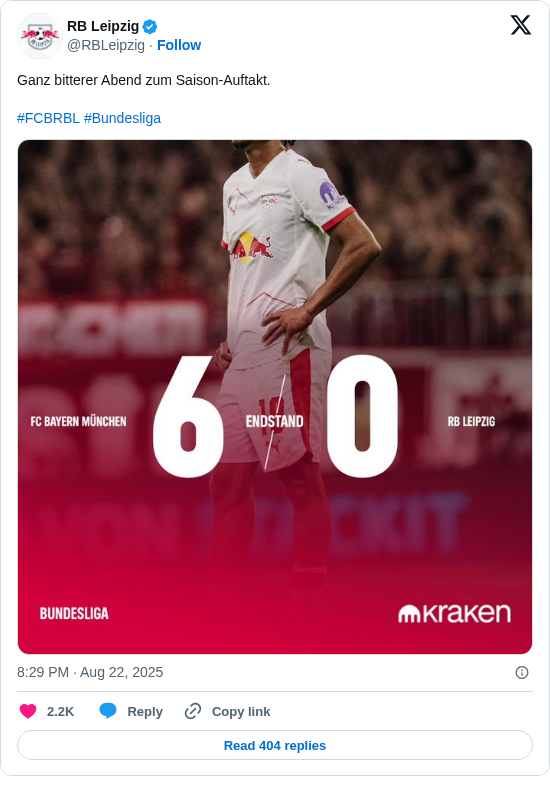 RB Leipzig: Ganz bitterer Abend zum Saison-Auftakt.

#FCBRBL #Bundesliga https://t.co/YoTcih3PBj