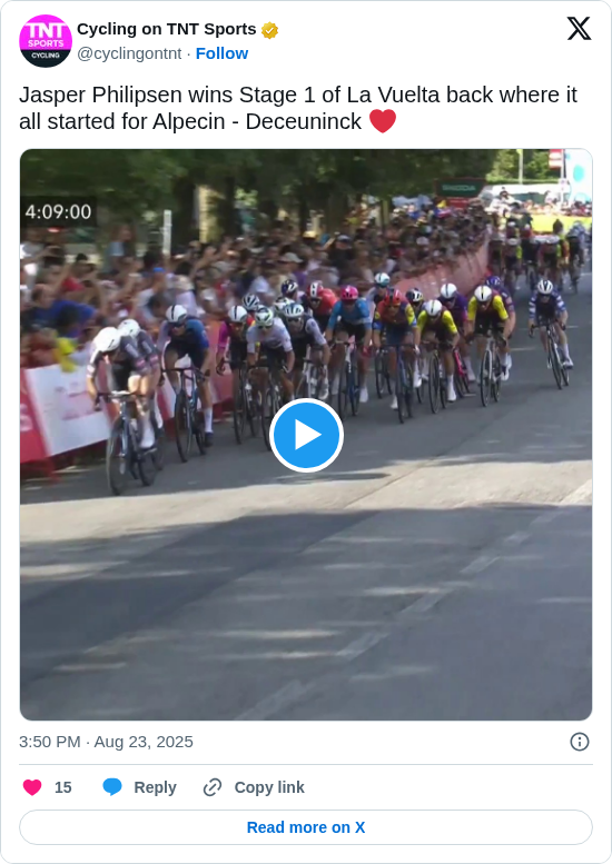 Cycling on TNT Sports: Jasper Philipsen wins Stage 1 of La Vuelta back where it all started for Alpecin - Deceuninck ❤️ https://t.co/IEYyis7sdK