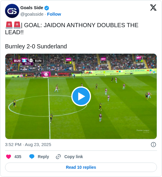 Goals Side: 🚨🚨| GOAL: JAIDON ANTHONY DOUBLES THE LEAD!!

Burnley 2-0 Sunderland
https://t.co/IWY8MgiH1r