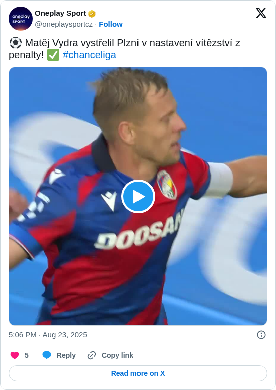 Oneplay Sport: ⚽ Matěj Vydra vystřelil Plzni v nastavení vítězství z penalty! ✅ #chanceliga https://t.co/wrfCWdTLhf