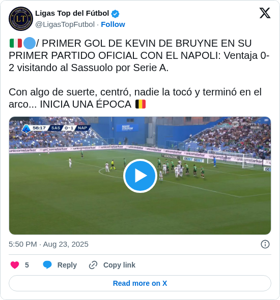 Ligas Top del Fútbol: 🇮🇹🔵/ PRIMER GOL DE KEVIN DE BRUYNE EN SU PRIMER PARTIDO OFICIAL CON EL NAPOLI: Ventaja 0-2 visitando al Sassuolo por Serie A.

Con algo de suerte, centró, nadie la tocó y terminó en el arco... INICIA UNA ÉPOCA 🇧🇪

https://t.co/SiAd9fxYh0