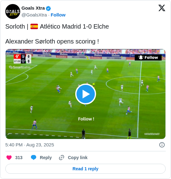 Goals Xtra: Sorloth | 🇪🇸 Atlético Madrid 1-0 Elche

Alexander Sørloth opens scoring !

https://t.co/eCeuueUYeM