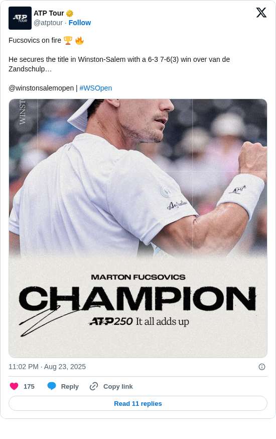 ATP Tour: Fucsovics on fire 🏆 🔥

He secures the title in Winston-Salem with a 6-3 7-6(3) win over van de Zandschulp…

@winstonsalemopen | #WSOpen https://t.co/cYedip0gFU
