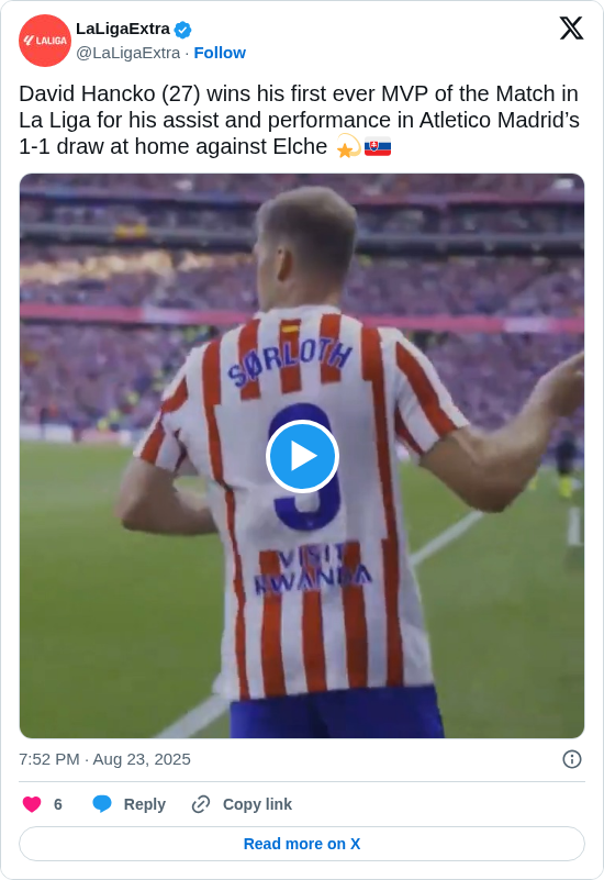 LaLigaExtra: David Hancko (27) wins his first ever MVP of the Match in La Liga for his assist and performance in Atletico Madrid’s 1-1 draw at home against Elche 💫🇸🇰https://t.co/HA0Nf5QQFu