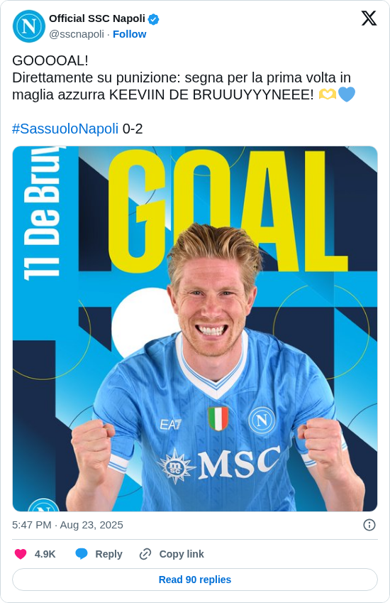 Official SSC Napoli: GOOOOAL!
Direttamente su punizione: segna per la prima volta in maglia azzurra KEEVIIN DE BRUUUYYYNEEE! 🫶💙

#SassuoloNapoli 0-2 https://t.co/qBhHJnHZr2