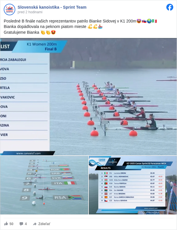 Slovenská kanoistika - Sprint Team: Posledné B finále našich reprezentantov patrilo Bianke Sidovej v K1 200m🤩🇸🇰🌏🇮🇹
 Bianka dopádlovala na peknom piatom mieste 💪💪🚣‍♀️
 Gratulujeme Bianka 👏👏😍

