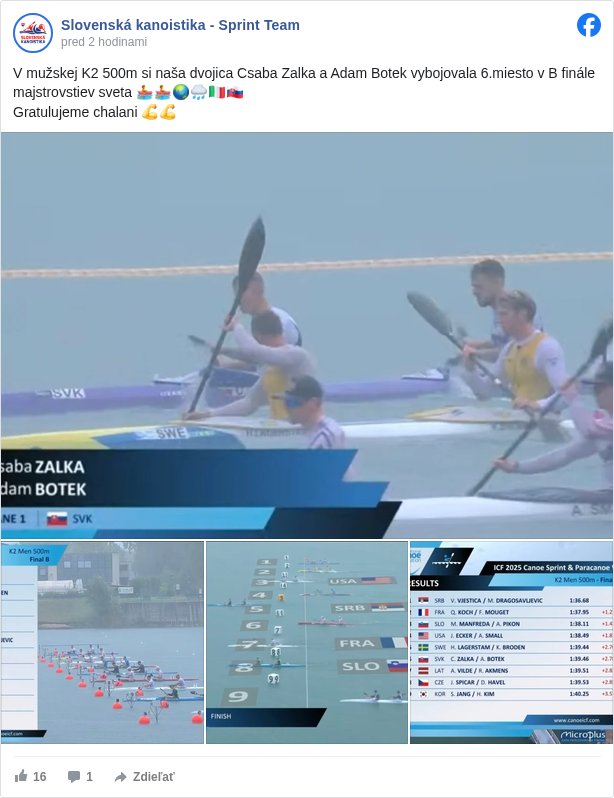 Slovenská kanoistika - Sprint Team: V mužskej K2 500m si naša dvojica Csaba Zalka a Adam Botek vybojovala 6.miesto v B finále majstrovstiev sveta 🚣🚣🌏🌧🇮🇹🇸🇰
 Gratulujeme chalani 💪💪

