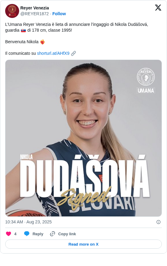 Reyer Venezia: L’Umana Reyer Venezia è lieta di annunciare l’ingaggio di Nikola Dudášová, guardia 🇸🇰 di 178 cm, classe 1995! 

Benvenuta Nikola ❤️‍🔥

Il comunicato su https://t.co/KlXSi8SdzQ 🔗 https://t.co/K6Wy67p4R1