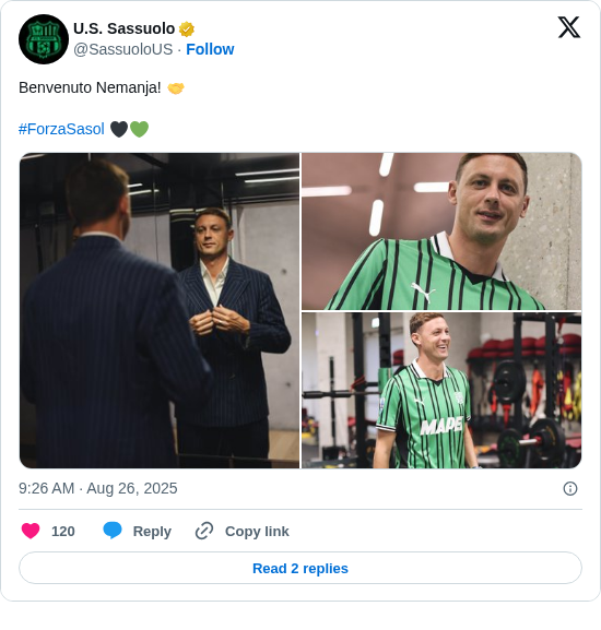 U.S. Sassuolo: Benvenuto Nemanja! 🤝

#ForzaSasol 🖤💚 https://t.co/M3TaHj3NkK