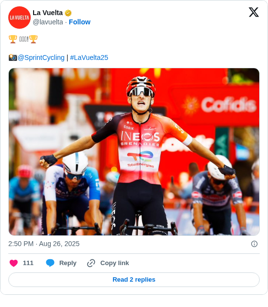 La Vuelta: 🏆 𝐁𝐄𝐍!🏆

📸@SprintCycling | #LaVuelta25 https://t.co/4rDaOe1kcQ