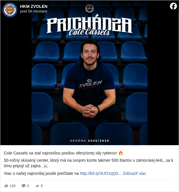 HKM ZVOLEN: Cole Cassels sa stal najnovšou posilou ofenzívnej sily rytierov! 🔥

 30-ročný skúsený center, ktorý má na svojom konte takmer 500 štartov v zámorskej AHL, sa k tímu pripojí už zajtra. ⚔️

 Viac o našej najnovšej posile prečítate na http://bit.ly/3UO1qQ0 <https://l.facebook.com/l.php?u=https%3A%2F%2Fbit.ly%2F3UO1qQ0&h=AT35GOunVkhjcSPffWZLIiJgY-GnS-1-VnG6Ghi5GMgx_0wtLjp5b3WbebzA_AJn8rz0dXXSLfnunCE9NLwMwyPc1j72kEGMAHvHHoqeq1teQFZv3Zf6S5nXTQL49YJ0Ui0>

 #spolusmehkm </hashtag/spolusmehkm?__eep__=6&fref=mentions&ref=embed_post> #sezona2526 </hashtag/sezona2526?__eep__=6&fref=mentions&ref=embed_post>

