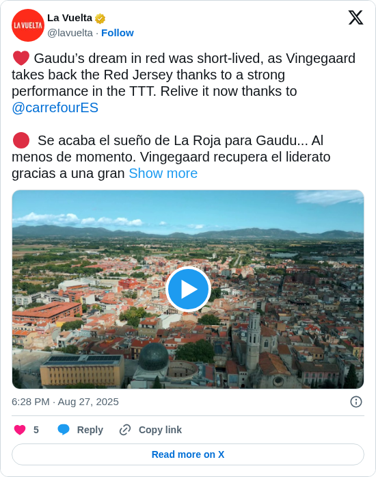 La Vuelta: ❤️ Gaudu’s dream in red was short-lived, as Vingegaard takes back the Red Jersey thanks to a strong performance in the TTT. Relive it now thanks to @carrefourES

🔴  Se acaba el sueño de La Roja para Gaudu... Al menos de momento. Vingegaard recupera el liderato gracias a una gran https://t.co/ODcdNCF18q