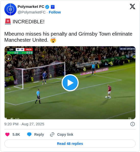 Polymarket FC: 🚨 INCREDIBLE! 

Mbeumo misses his penalty and Grimsby Town eliminate Manchester United. 🤯 https://t.co/L8MzE5SmT2