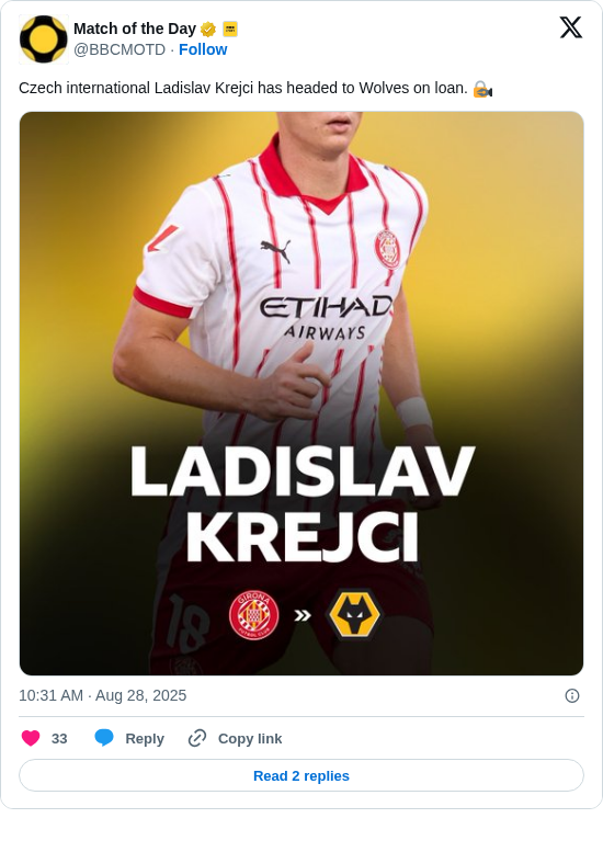 Match of the Day: Czech international Ladislav Krejci has headed to Wolves on loan. 🔏 https://t.co/S0NDfcdTn6
