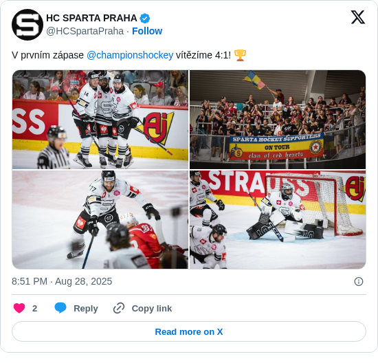 HC SPARTA PRAHA: V prvním zápase @championshockey vítězíme 4:1! 🏆 https://t.co/U5B18EblDt